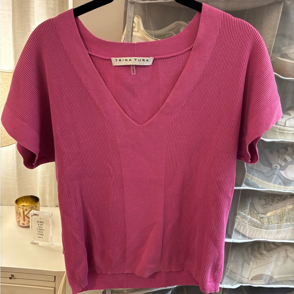 Trina Turk Pink Ribbed Short Sleeve Top